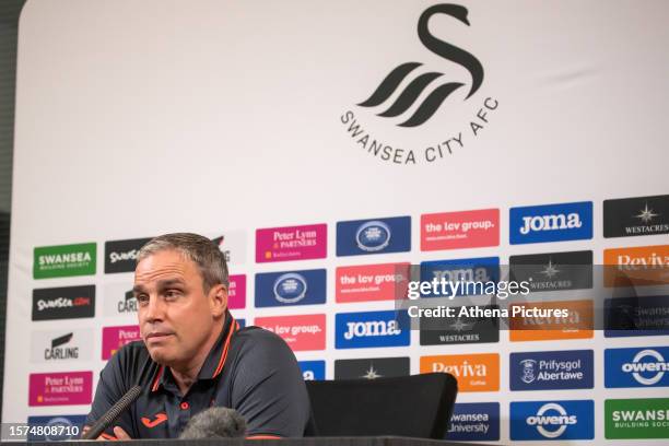 Michael Duff Manager of Swansea City talks to the press during the Swansea City AFC Press Conference at The Fairwood Training Ground on August 03,...