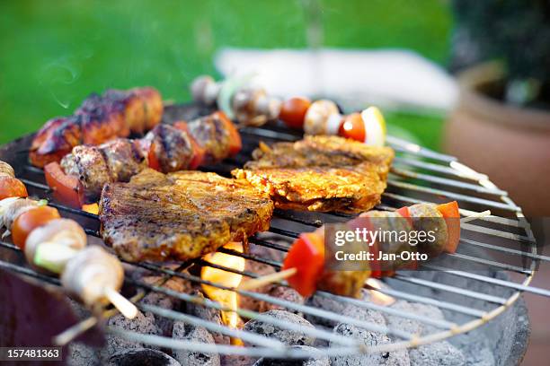 spiedino e carne sulla griglia - red hot summer party foto e immagini stock