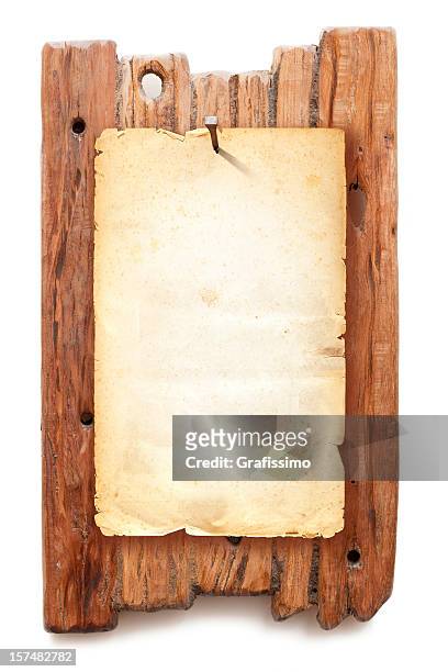 blank brown wanted poster fixed with nail on wooden background - wanted poster stock pictures, royalty-free photos & images