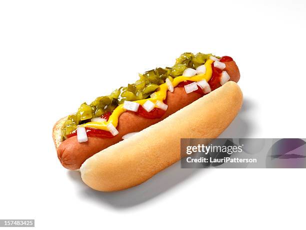 hot dog with all the fixings - hot dog stock pictures, royalty-free photos & images