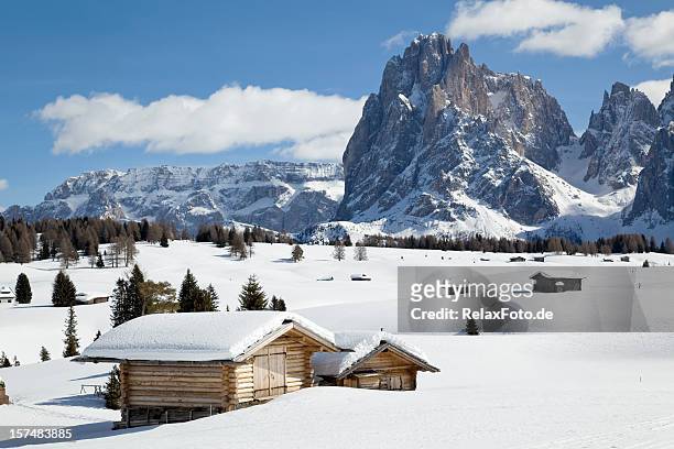 winter landscape with shed and langkofel mountain in dolomites, italy - hut stock pictures, royalty-free photos & images