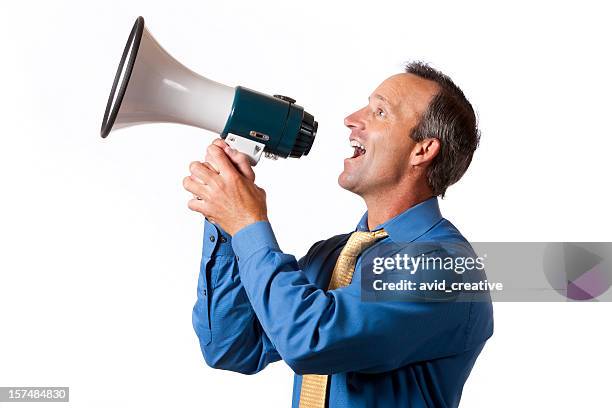 businessman yelling into megaphone-good news - mouth open profile stock pictures, royalty-free photos & images