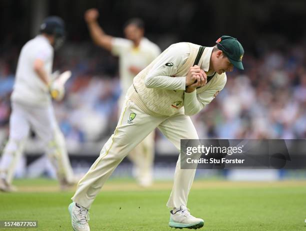 England batsman Harry Brook is caught at second slip by Steve Smith off the bowling of Mitchell Starc during day one of the LV= Insurance Ashes 5th...