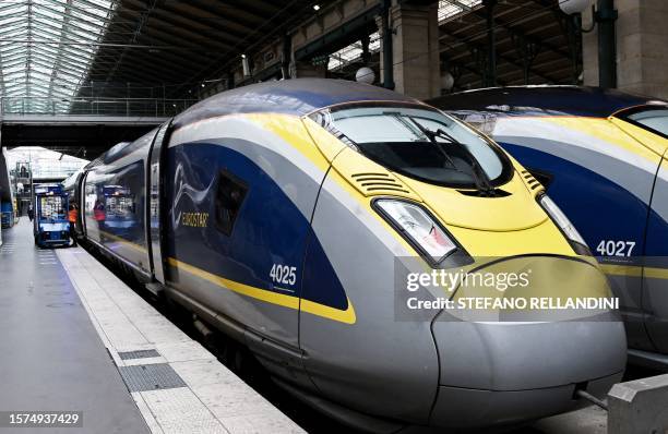 Eurostar train is parked at a platform of the Paris' Gare du Nord station on August 3, 2023.