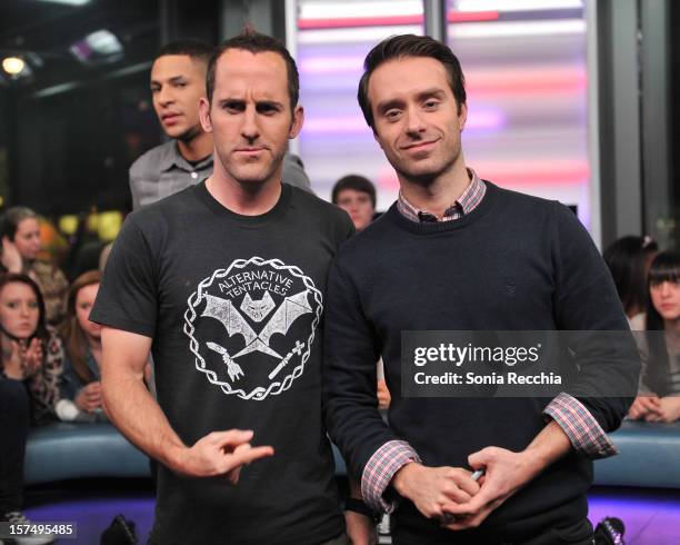 Chuck Comeau and Sebastien Lefebvre attend Simple Plan On New.Music.Live attends at MuchMusic Headquarters on December 3, 2012 in Toronto, Canada.