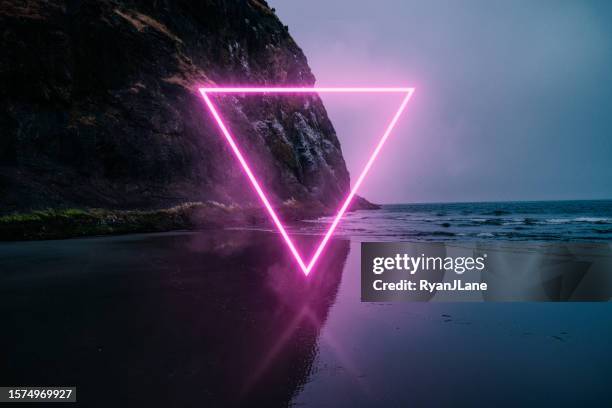 glowing fluorescent polygon shapes in different settings - beach stock illustrations stock pictures, royalty-free photos & images