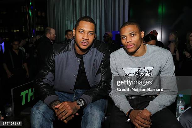 Carmelo Anthony and Russell Westbrook attend the Dare To Fly AJXX8 event at PH-D Rooftop Lounge at Dream Downtown on December 3, 2012 in New York...