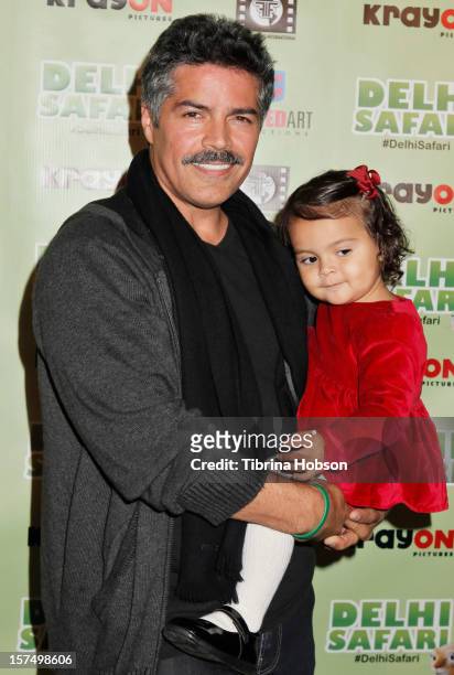 Esai Morales attends the Delhi Safari Los Angeles premiere with his daughter Mariana Oliveira Morales, at Pacific Theatre at The Grove on December 3,...