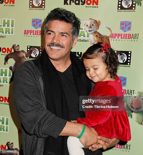 Esai Morales attends the Delhi Safari Los Angeles premiere with his daughter Mariana Oliveira Morales, at Pacific Theatre at The Grove on December 3,...