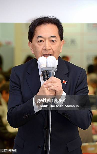 New Party Nippon leader Yasuo Tanaka makes a street speech on December 4, 2012 in Amagasaki, Hyogo, Japan. The general election capmaign officially...
