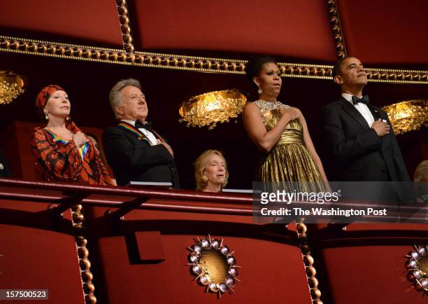 Ballerina Natalia Makarova, actor Dustin Hoffman, First Lady Michelle Obama and President Barack Obama during the national anthem at the 35th Annual...