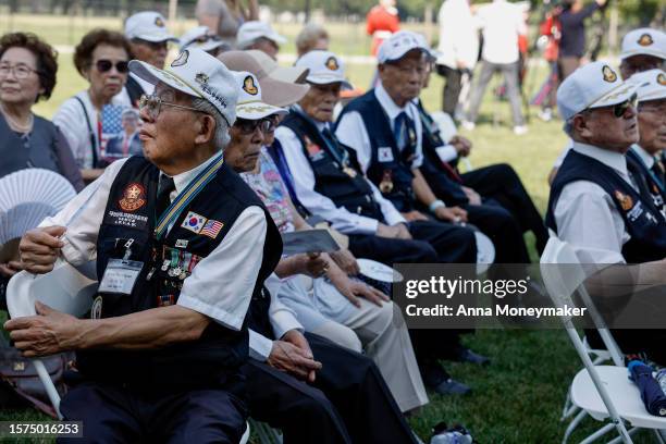 Korean War Veterans from the Republic of Korea wait for the start of a ceremony commemorating the 70th anniversary of the Korean Armistice Agreement...