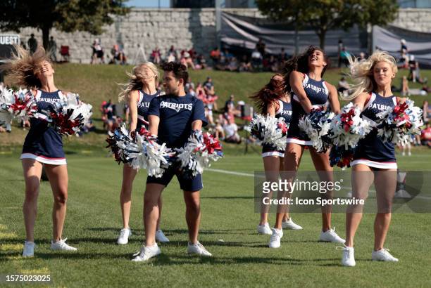The Patriots cheerleaders perform during New England Patriots Training Camp on August 3 at the Patriots Practice Facility at Gillette Stadium in...