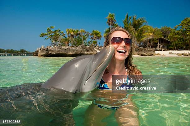 vacation lifestyles-dolphin kissing woman's cheek - dolphin 個照片及圖片檔