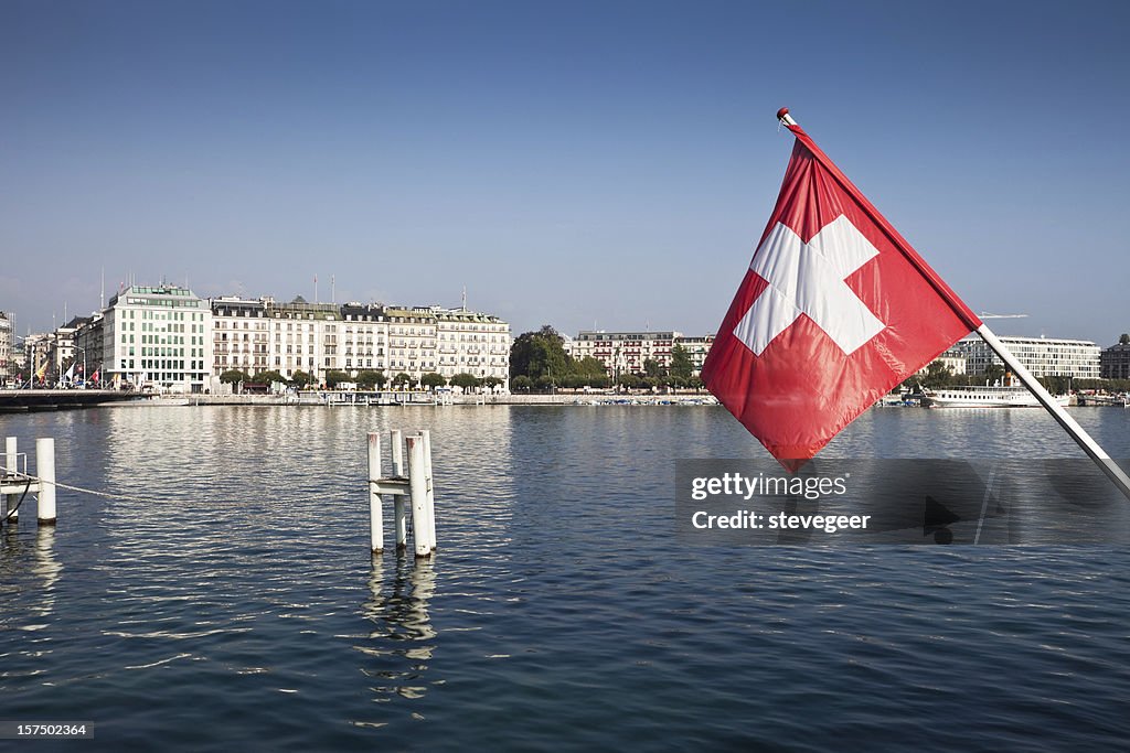 Swiss Flag and Lake Geneva