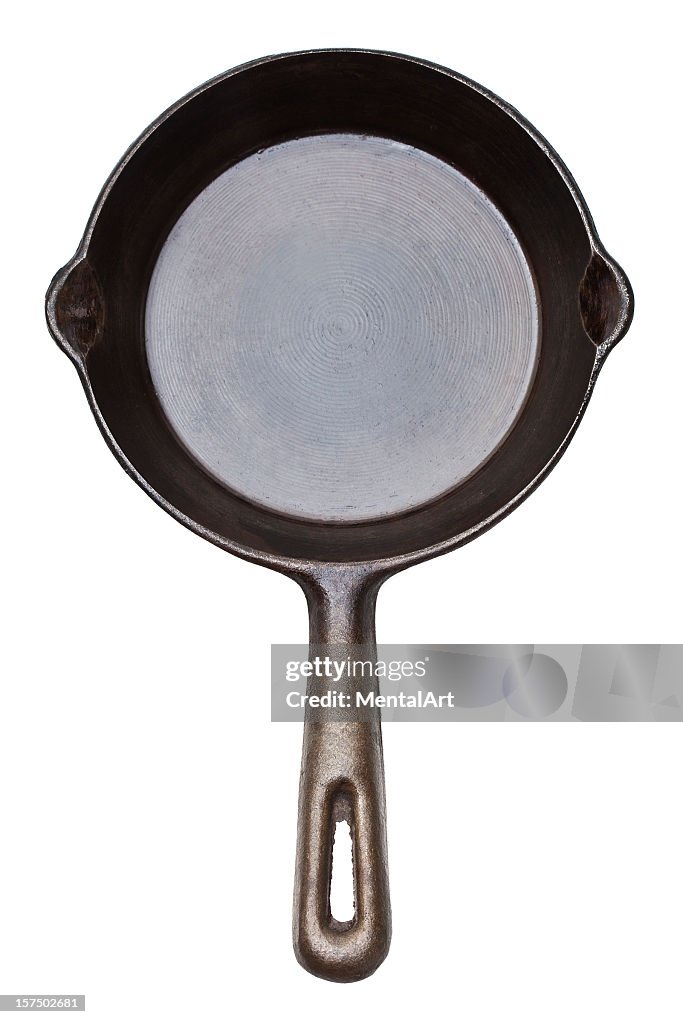 Top view of a cast iron frying pan on white background