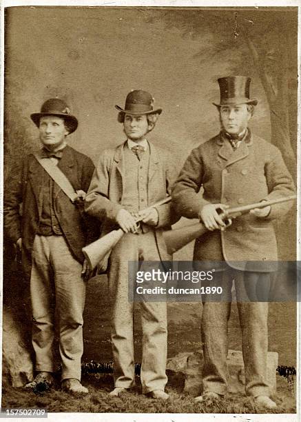 the victorian hunting party men with guns - headwear photos stock pictures, royalty-free photos & images