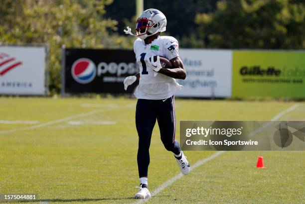 New England Patriots wide receiver DeVante Parker carries the ball during New England Patriots Training Camp on August 3 at the Patriots Practice...