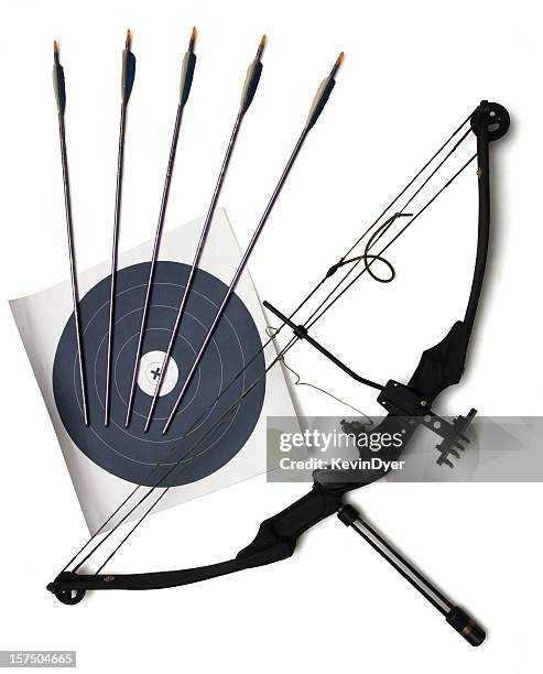 bow and arrow with target isolated on white - compound bow stock pictures, royalty-free photos & images