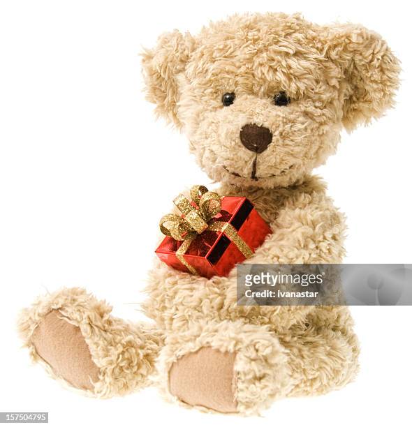 holiday orsacchiotto e il regalo di natale - teddy bear on white foto e immagini stock