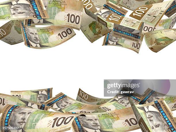 canadian dollar hundred bills floating in air - canadian dollars stock pictures, royalty-free photos & images