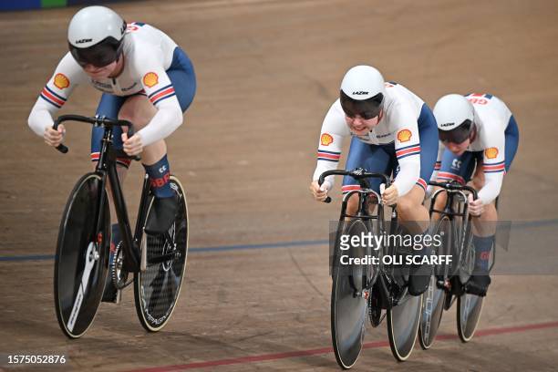 Great Britain take part in the women's Elite Team Sprint Final at the Sir Chris Hoy velodrome during the Cycling World Championships in Glasgow,...