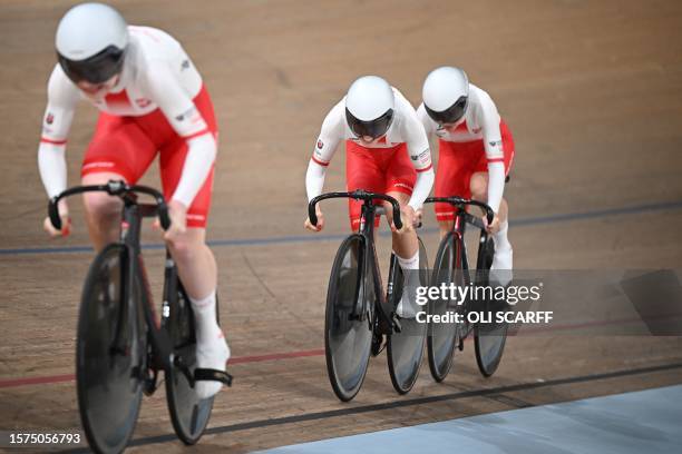 Poland take part in the women's Elite Team Sprint Final at the Sir Chris Hoy velodrome during the Cycling World Championships in Glasgow, Scotland on...