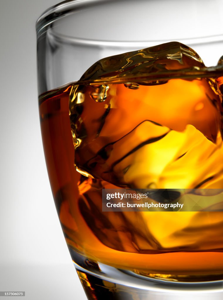 Close-up Whiskey Glass with ice cubes