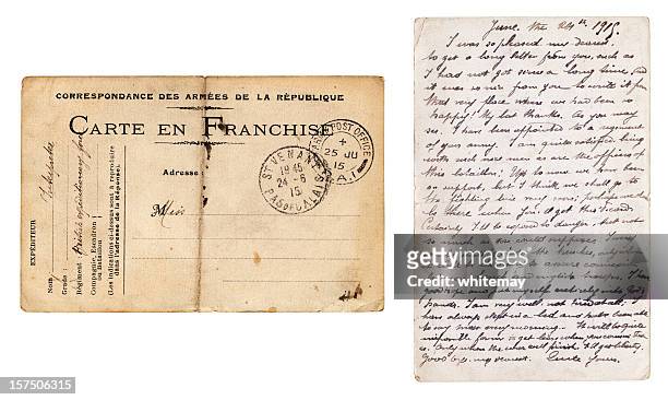 both sides of british army postcard sent from france, 1915 - love letter stock pictures, royalty-free photos & images