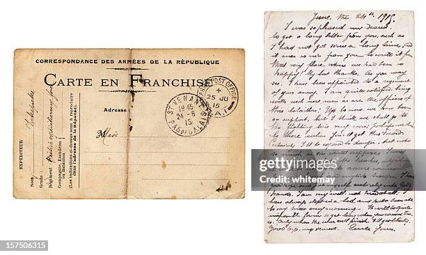 both sides of british army postcard sent from france, 1915 - french language stock pictures, royalty-free photos & images