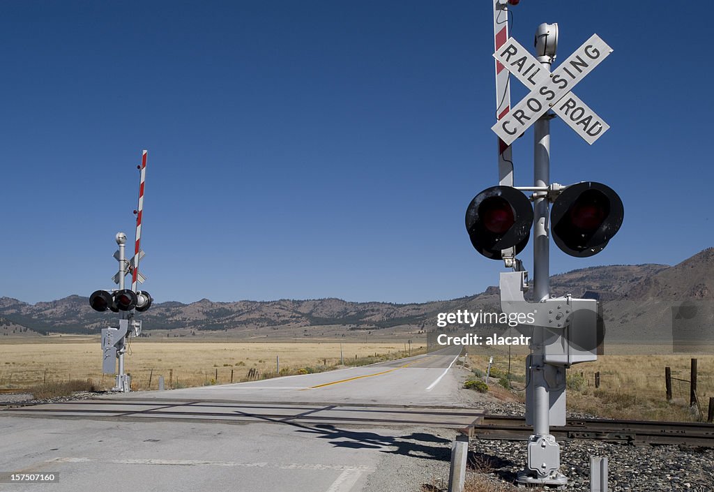 Railway level crossing on both sides of extended road