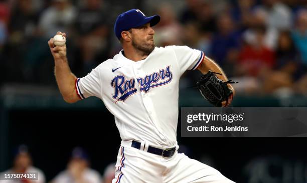Max Scherzer of the Texas Rangers pitches against the Chicago White Sox during the first inning at Globe Life Field on August 3, 2023 in Arlington,...