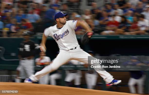 Max Scherzer of the Texas Rangers pitches against the Chicago White Sox during the first inning at Globe Life Field on August 3, 2023 in Arlington,...