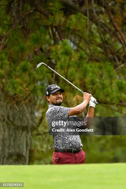 Fabián Gómez shoots on the ninth hole during the first round of the Utah Championship presented by Zions Bank at Oakridge Country Club on August 03,...
