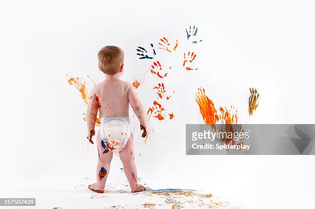 little boy fingerpainting - blonde hair rear white background stock pictures, royalty-free photos & images