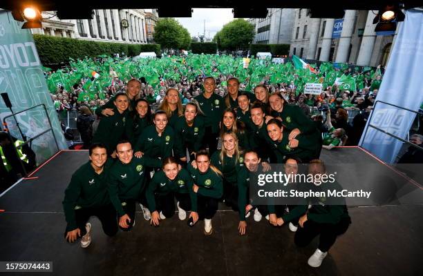Dublin , Ireland - 3 August 2023; The Republic of Ireland squad pose for a photograph with supporters during a Republic of Ireland homecoming event...