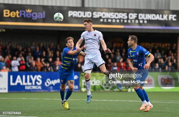 Louth , Ireland - 3 August 2023; John Martin of Dundalk scores his side's first goal during the UEFA Europa Conference League Second Qualifying Round...