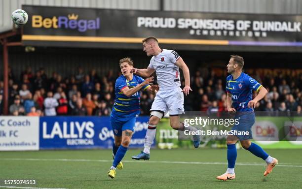 Louth , Ireland - 3 August 2023; John Martin of Dundalk scores his side's first goal during the UEFA Europa Conference League Second Qualifying Round...