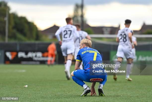 Louth , Ireland - 3 August 2023; Daníel Hafsteinsson of KA reacts after his side concede their first goal, scored by John Martin of Dundalk, during...