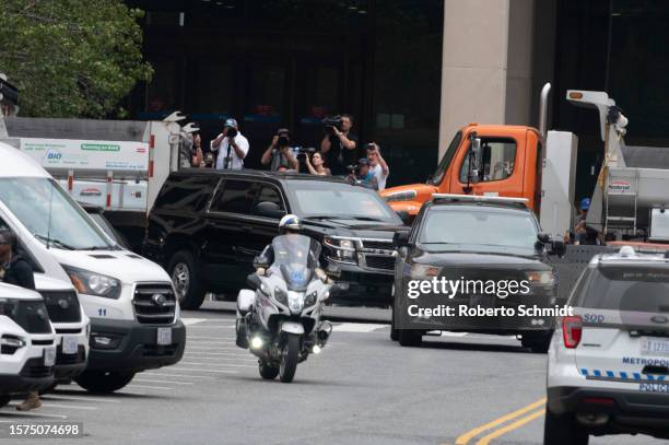 The motorcade carrying former US President Donald Trump arrives at the E. Barrett Prettyman US Court House in Washington, DC, US, on August 3, 2023...