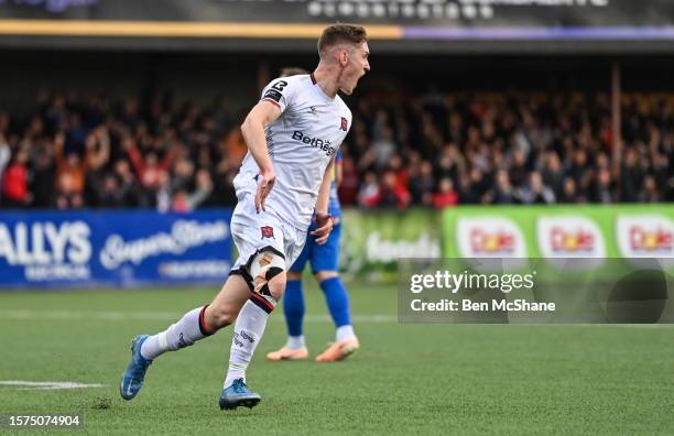 Louth , Ireland - 3 August 2023; John Martin of Dundalk celebrates after scoring his side's first goal during the UEFA Europa Conference League...