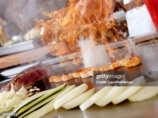 tapanyaki, japanese cooking - bbq shrimp stock pictures, royalty-free photos & images
