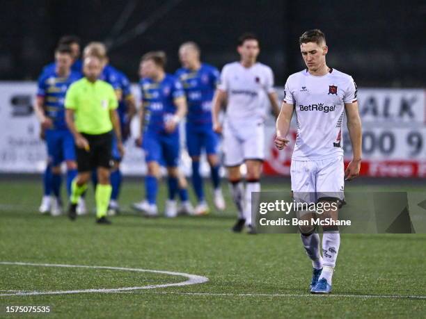 Louth , Ireland - 3 August 2023; John Martin of Dundalk reacts after his side concede their second goal during the UEFA Europa Conference League...
