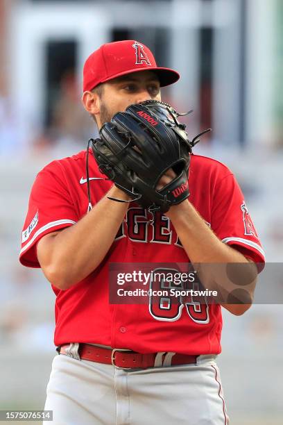 Los Angeles Angels starting pitcher Chase Silseth stares down a batter during the Monday evening MLB game between the Los Angeles Angels and the...