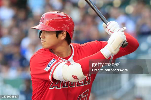 Los Angeles Angels designated hitter Shohei Ohtani bats during the Monday evening MLB game between the Los Angeles Angels and the Atlanta Braves on...