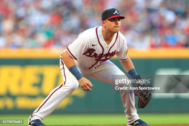 Atlanta Braves third baseman Austin Riley defends his position during the Monday evening MLB game between the Los Angeles Angels and the Atlanta...