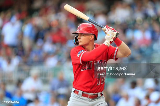 Los Angeles Angels right fielder Mickey Moniak bats during the Monday evening MLB game between the Los Angeles Angels and the Atlanta Braves on July...