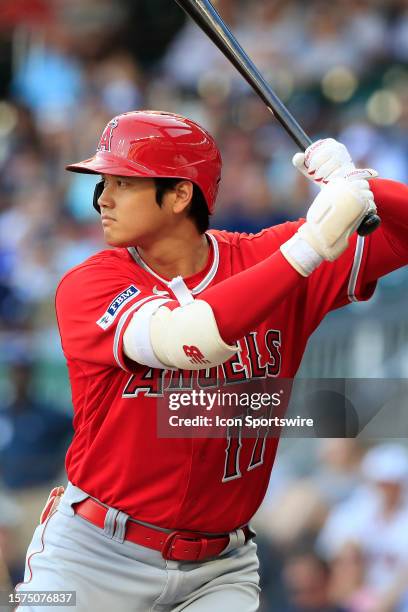 Los Angeles Angels designated hitter Shohei Ohtani bats during the Monday evening MLB game between the Los Angeles Angels and the Atlanta Braves on...