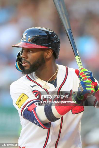 Atlanta Braves center fielder Michael Harris II bats during the Monday evening MLB game between the Los Angeles Angels and the Atlanta Braves on July...