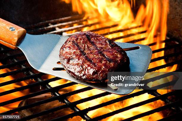 hamburger di manzo patty su grill con fuoco - hamburger foto e immagini stock